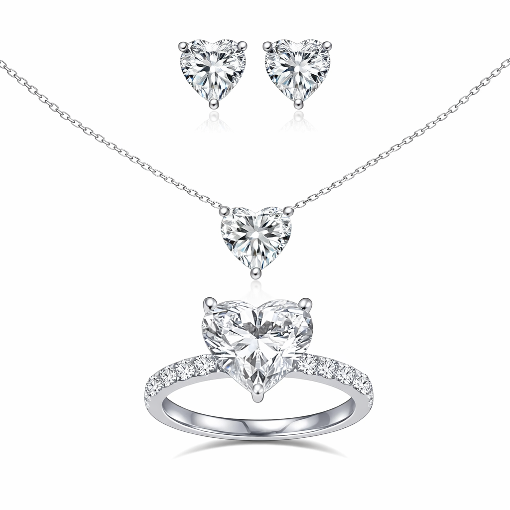 רואן | סט מוסונייט לב אלגנטי – שרשרת, עגילים וטבעת